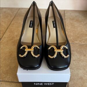 Nine West Black Heels with Gold Horse Bit Buckle Detail